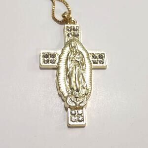 Necklace Gold Plated Silver Virgin Mother Mary Cross Gemstones Christian